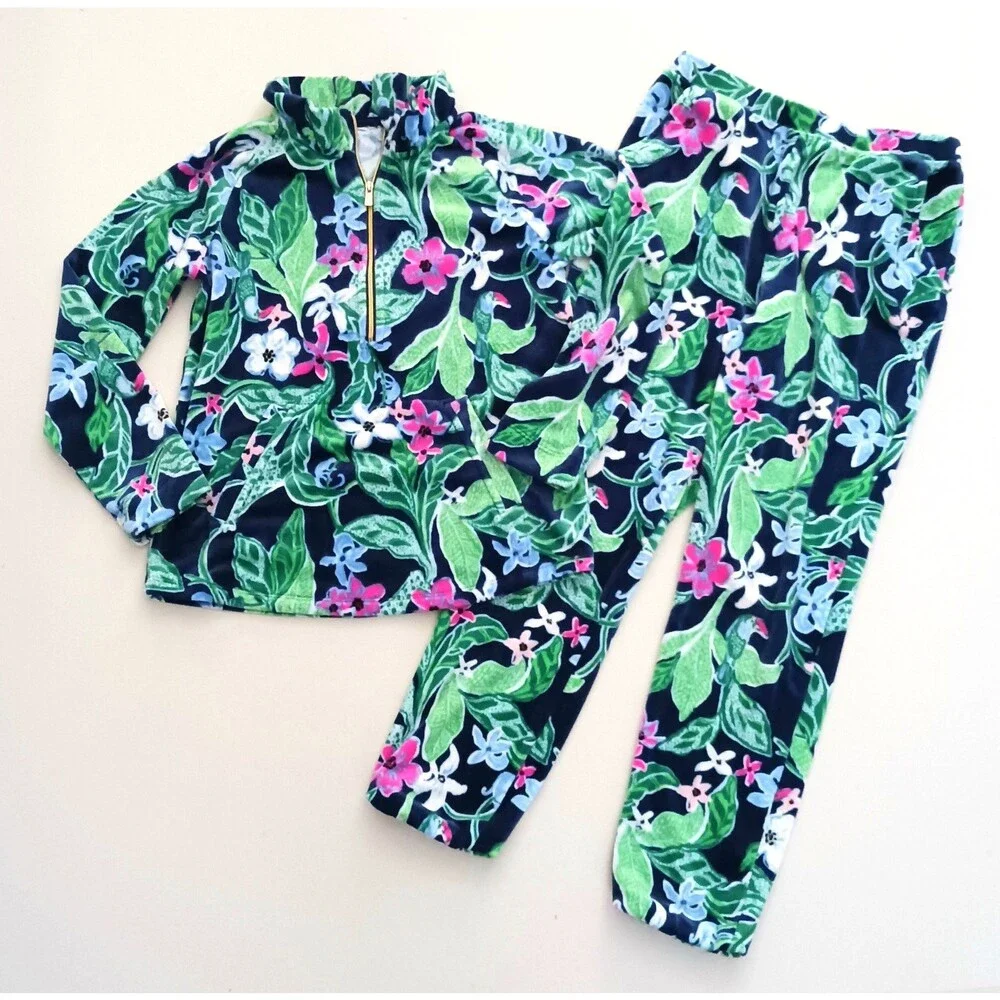 Lilly Pulitzer Velour Set Girls Little Skipper Popover /Mallie Pant L 9-10